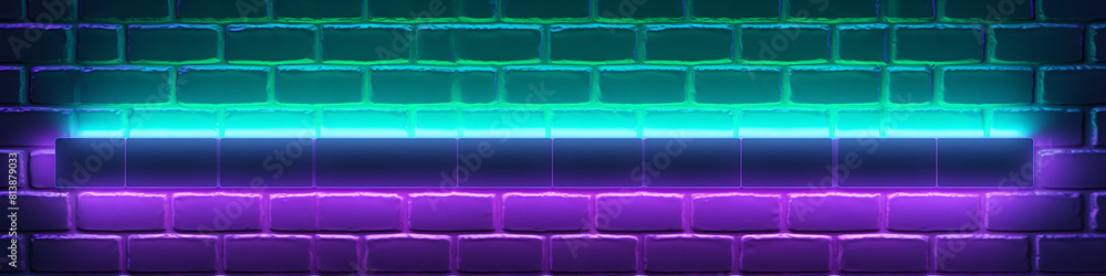 Glowing blue and purple neon light frame on a brick wall background in retro style for your text, product or logo. Glowing blue and purple neon light frame on a brick wall background in retro style for your text, product or logo.