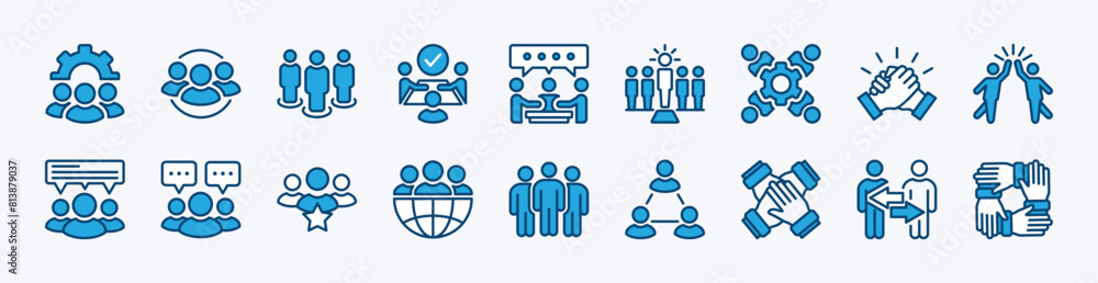 Set of business teamwork icon. Containing team, cooperation, group, people, organization, collaboration, communication, partnership, leadership, support, unity, community. Vector illustration Set of business teamwork icon. Containing team, cooperation, group, people, organization, collaboration, communication, partnership, leadership, support, unity, community. Vector illustration