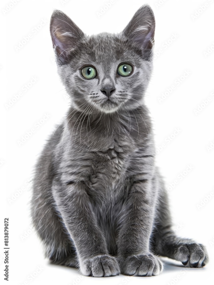 Russian Blue A Russian Blue kitten with a dense, silvery blue coat and striking green eyes, looking alert and playful, isolated on white background.
