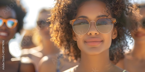 Diverse group of people in sunglasses with frizzy hair embodying summer style. Concept Fashionable Summer Styles, Diverse Group, Sunglasses, Frizzy Hair, Trendy Outfits