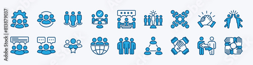 Set of business teamwork icon. Containing team, cooperation, group, people, organization, collaboration, communication, partnership, leadership, support, unity, community. Vector illustration