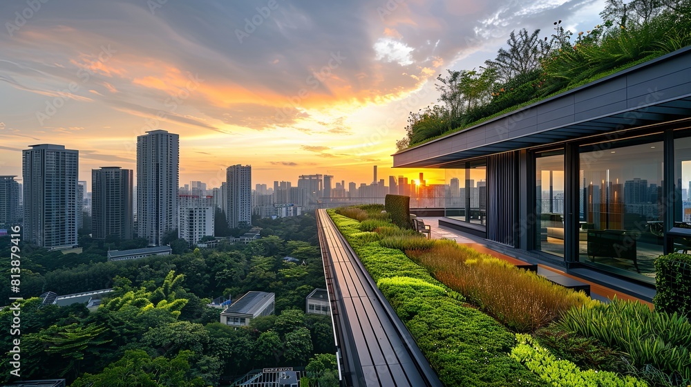 The lush rooftop garden offers stunning city views.