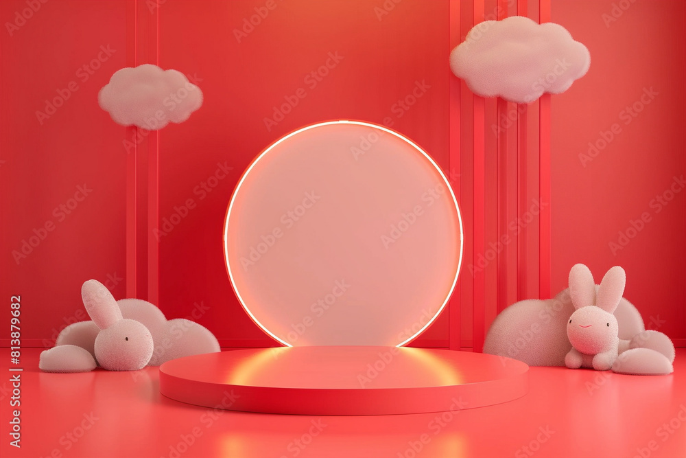 3D rendering of a red podium with a circular spotlight and two rabbits on each side and clouds floating in the background. 3D rendering of a red podium with a circular spotlight and two rabbits on each side and clouds floating in the background.