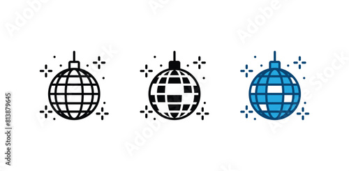 Disco ball thin line icon for party club, DJ, nightclub, discotheque, event. Glittering light. Vector illustration