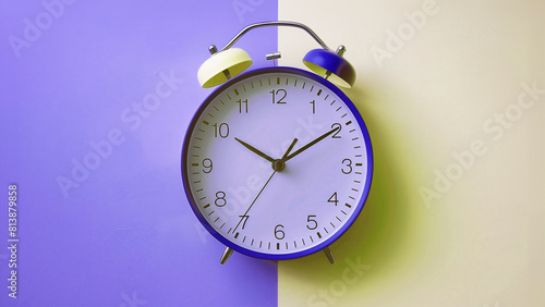 a retro colorful classic purple alarm clock with a blue dial, set against a split purple and yellow background. 