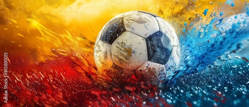 A soccer ball is in the middle of a splash of paint  with a splash of red  blue by AI generated image