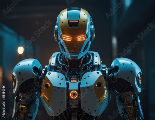 Futuristic humanoid robot with expressive eyes in an urban setting at night, showcasing advanced artificial intelligence.