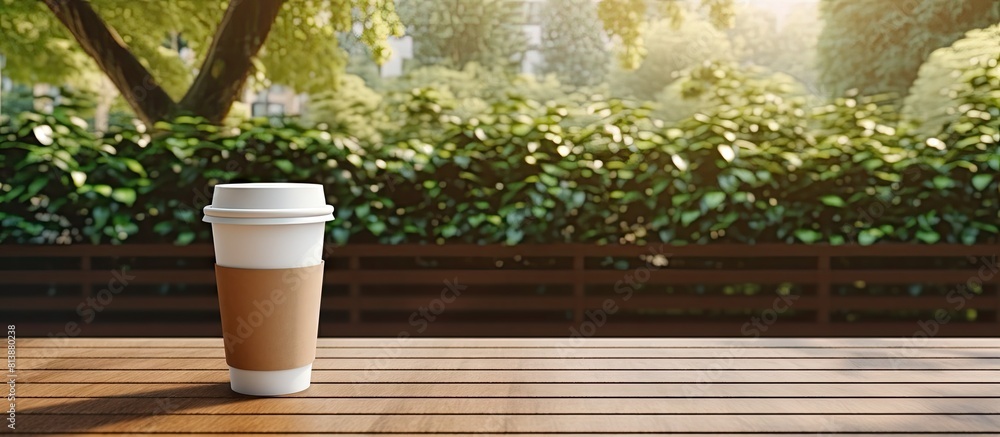 An outdoor scene featuring a paper cup filled with coffee with ample empty space surrounding it for any desired purpose