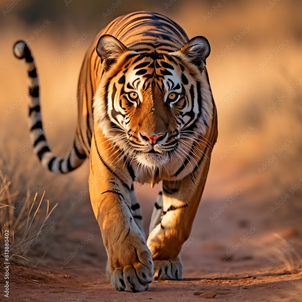 Siberian Tiger walking in the grass in the morning light. Siberian Tiger walking in the grass in the morning light.