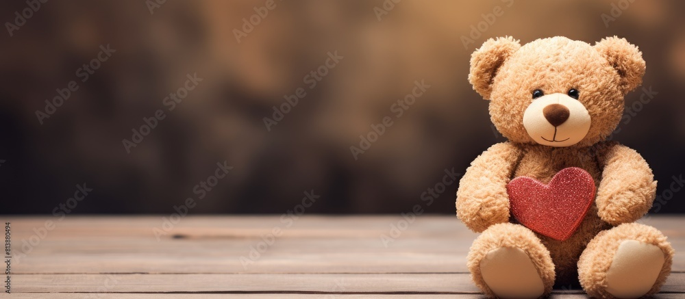 A toy bear with a heart sits on a wooden background making it the perfect image for a holiday card with copy space A toy bear with a heart sits on a wooden background making it the perfect image for a holiday card with copy space