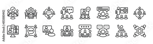 Business meeting thin line icon set. Containing training, workshop, education, communication, discussion, coaching, online video, presentation, learning, conference. Vector illustration
