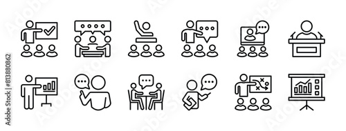 Business presentation thin line icon set. Containing meeting, conference, seminar, briefing, communication, graph, teamwork, planning, leadership, workplace, discussion. Vector illustration