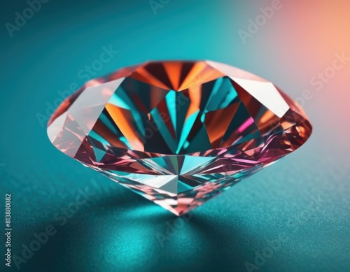 Brilliant cut diamond on a gradient blue and red background with soft lighting and shadow.