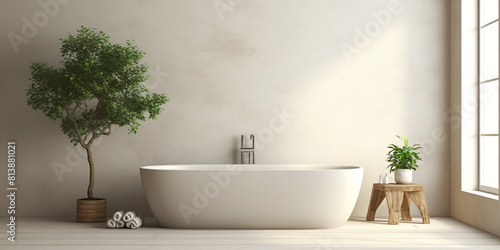 Freestanding modern bathtub near the window in bright bathroom interior with plants