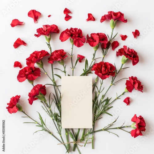 bouquet of red carnations, with a blank card, lay on the ground, top view and white background © marco
