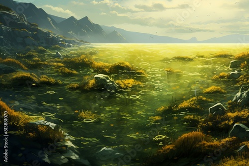Digital art of a calm and mystical landscape with sunlit grass and distant mountains