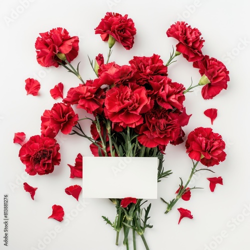 bouquet of red carnations, with a blank card, lay on the ground, top view and white background