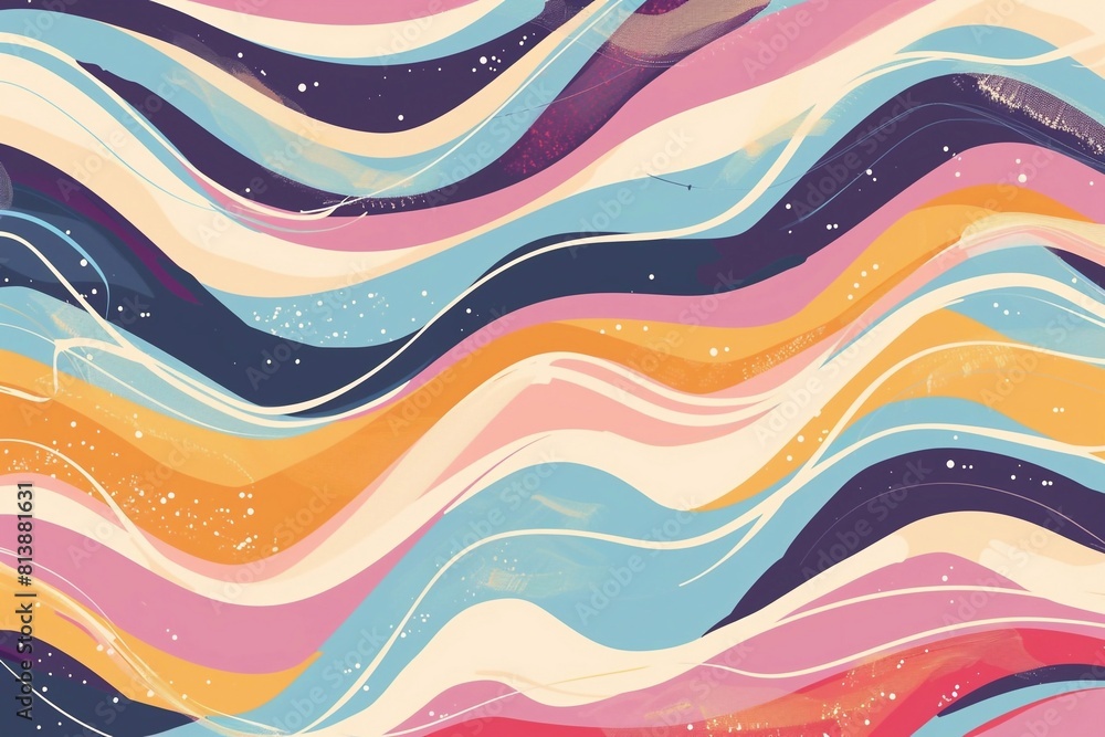 Step into a nostalgic journey with an abstract horizontal background featuring colorful waves. This trendy vector illustration, inspired by the retro 60s and 70s, uses pastel colors to evoke a sense o Step into a nostalgic journey with an abstract horizontal background featuring colorful waves. This trendy vector illustration, inspired by the retro 60s and 70s, uses pastel colors to evoke a sense o
