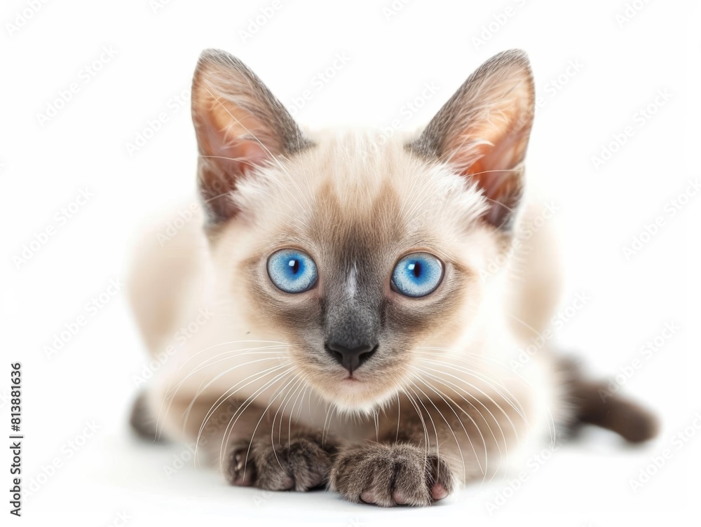 Tonkinese Friendly Tonkinese kitten with aquamarine eyes and a gentle expression, a blend of Siamese and Burmese traits, isolated on white background.