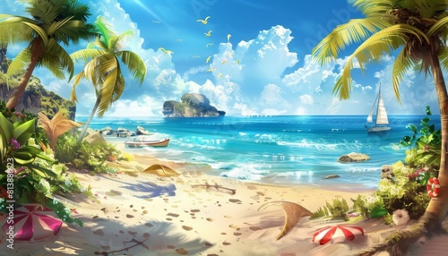 A beautiful beach scene with palm trees and a sailboat in the water by AI generated image