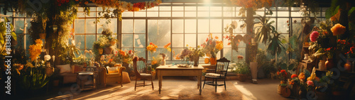 A beautiful sunlit greenhouse with a variety of flowers and plants in bloom, with a wooden table and chairs in the center, surrounded by lush greenery photo
