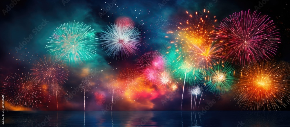 Fototapeta premium Colorful fireworks illuminating the dark night sky with a mesmerizing display. Copy space image. Place for adding text and design