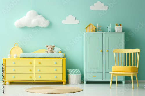 Adorable gender neutral nursery in soft pastel colors with a modern and minimalist design, featuring a crib, a changing table, a wardrobe, a rug, a chair, and a few decorative items photo