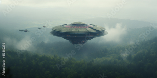 Large flying saucer spaceship hovers above dense misty forest photo