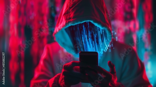 A hacker in a red hoodie is looking at his phone. photo