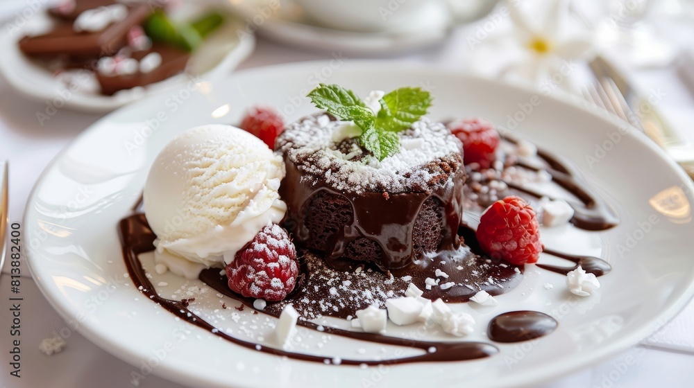 A sophisticated chocolate lava cake with a molten center, complemented by fresh berries and vanilla ice cream, presented on a classy white plate. A sophisticated chocolate lava cake with a molten center, complemented by fresh berries and vanilla ice cream, presented on a classy white plate.