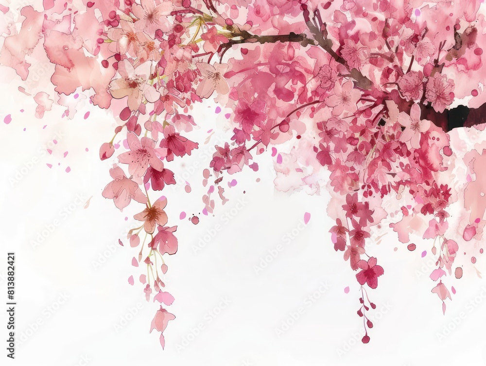 illustrated cherry blossom tree hanging down, water color style on a white background