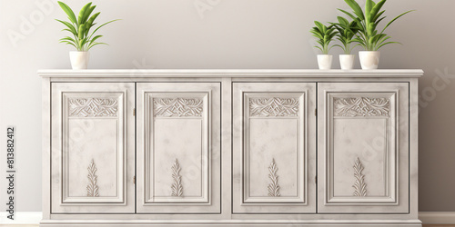 ornate white wooden cabinet with 4 doors and plants on top of it photo