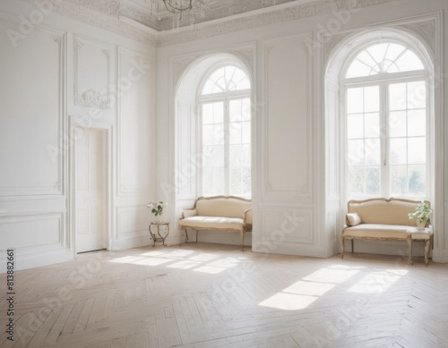 Elegant living room with white sofa  large windows  and minimalistic decor.