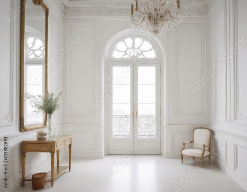 Elegant white interior with classic furniture  large mirror  and balcony doors. Bright and airy vintage room design.