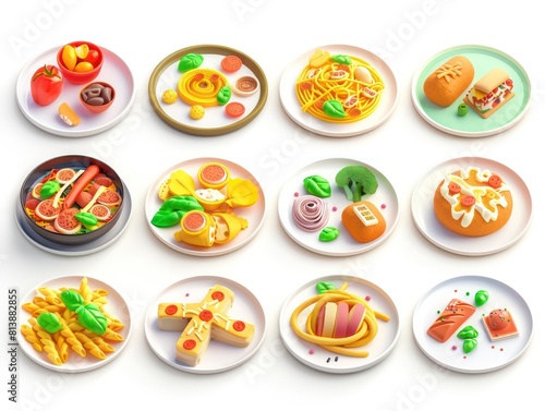 colorful set of 3d icons of Italian pasta dishes in isometric perspective on a white background