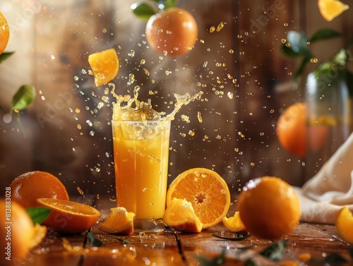 realistic glass of orange juice with a nice dynamic splash in it, oranges and slices and a natural background set