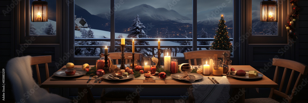 A wooden table set with a variety of food and candles in a cozy cabin with a view of a snowy mountain landscape. A wooden table set with a variety of food and candles in a cozy cabin with a view of a snowy mountain landscape.
