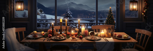 A wooden table set with a variety of food and candles in a cozy cabin with a view of a snowy mountain landscape.