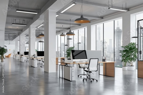 Business office interior with coworking and conference space, side view grey concrete floor. White hall, workspace with panoramic window on skyscrapers. 3D rendering. generative ai.
