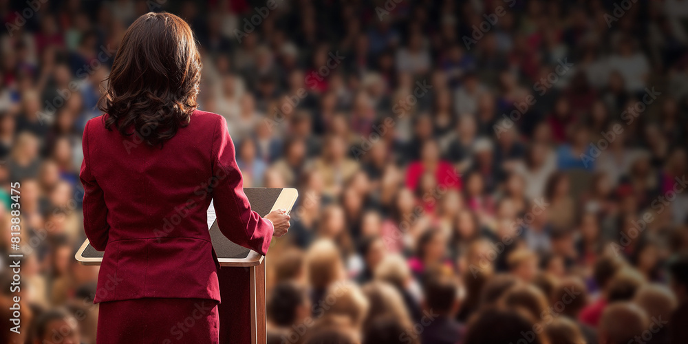 Businesswoman in red suit standing at a podium looking at audience, room for copy