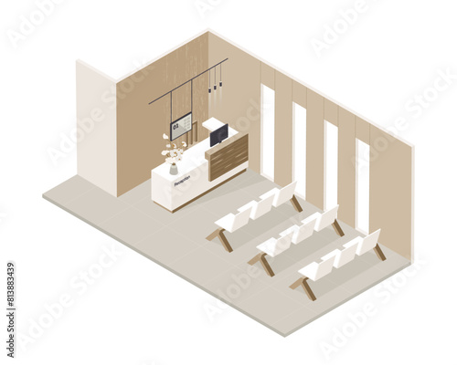 Vector isometric low poly minimalistic medical clinic interior with various furniture. Modern vector illustration. Front desk, hospital lobby, adjoining space.
