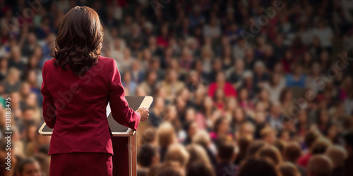 Obraz na płótnie Businesswoman in red suit standing at a podium looking at audience, room for copy w salonie