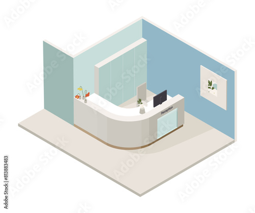 Vector isometric low poly minimalistic medical clinic interior with various furniture. Modern vector illustration. Front desk, hospital lobby.