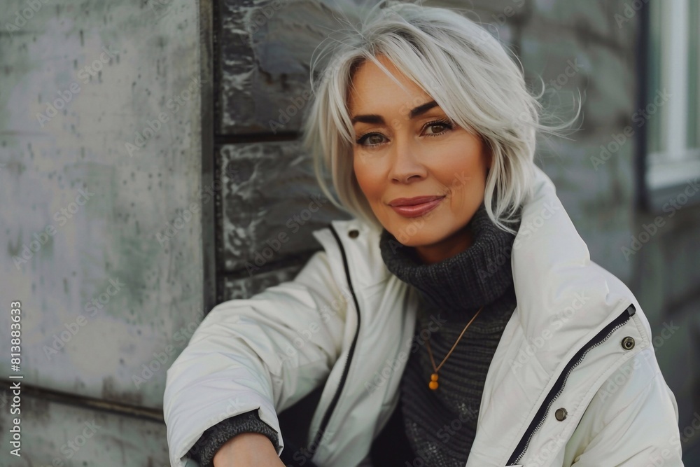 Stylish middle-aged woman in a white jacket, striking a confident pose outdoors against a textured wall backdrop Stylish middle-aged woman in a white jacket, striking a confident pose outdoors against a textured wall backdrop