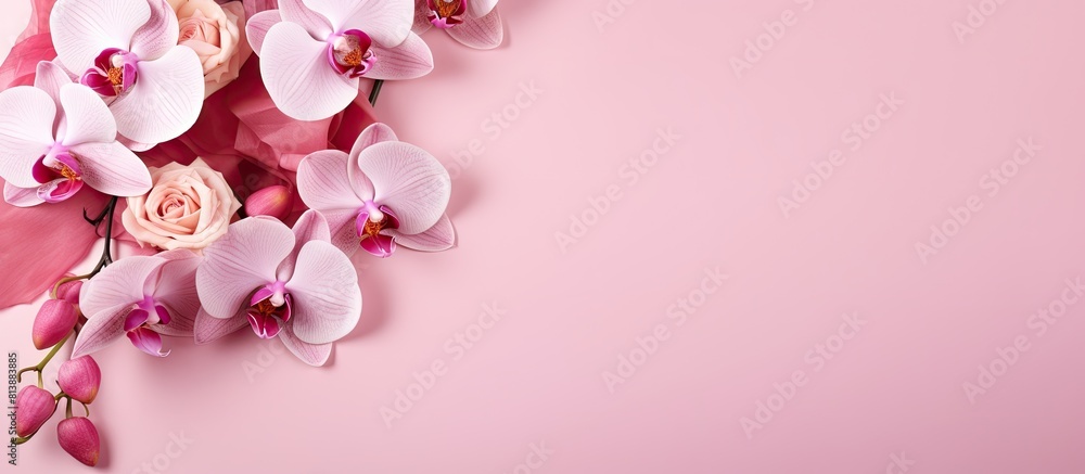 Pink background with a beautiful bouquet of sweet orchids and a blank gift tag perfect for writing a Valentine s or anniversary message Capture this lovely scene with a copy space image Pink background with a beautiful bouquet of sweet orchids and a blank gift tag perfect for writing a Valentine s or anniversary message Capture this lovely scene with a copy space image
