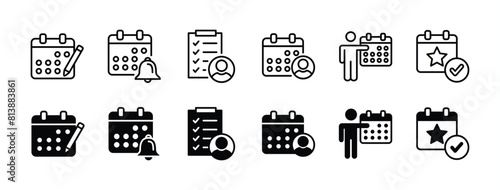 Calendar thin line icon set. Containing event planner, reminder, date, schedule, notification, agenda, appointment, organizer, checklist. Vector illustration