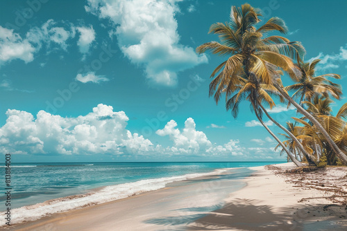 Tropical beach scene, palm trees, turquoise water, white sand.
