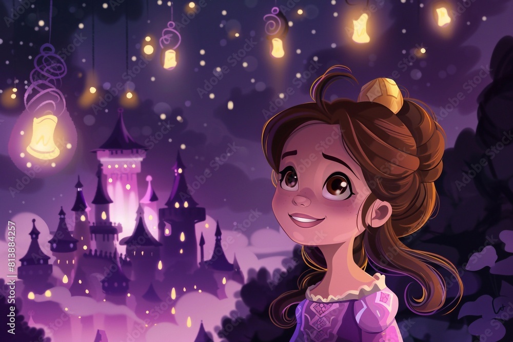 Cartoon illustration of a young and beautiful princess smiling under the moonlight in a romantic night scene, perfect for children's storybooks Cartoon illustration of a young and beautiful princess smiling under the moonlight in a romantic night scene, perfect for children's storybooks