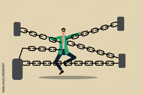 Business difficulty or struggle with career obstacle, limitation and trap or challenge, Businessman getting stuck between barriers and chains