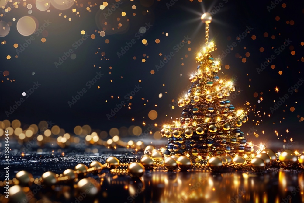 Naklejka premium A luxurious Christmas tree crafted from a gold chain and pearls, serving as a glamorous New Year symbol perfect for elegant advertising designs and festive greeting cards